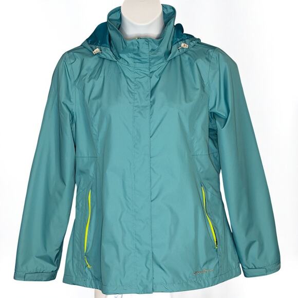 Y2K Eddie Bauer WeatherEdge Aqua Blue Hooded Windbreaker Rain Jacket Women Large - Picture 2 of 12